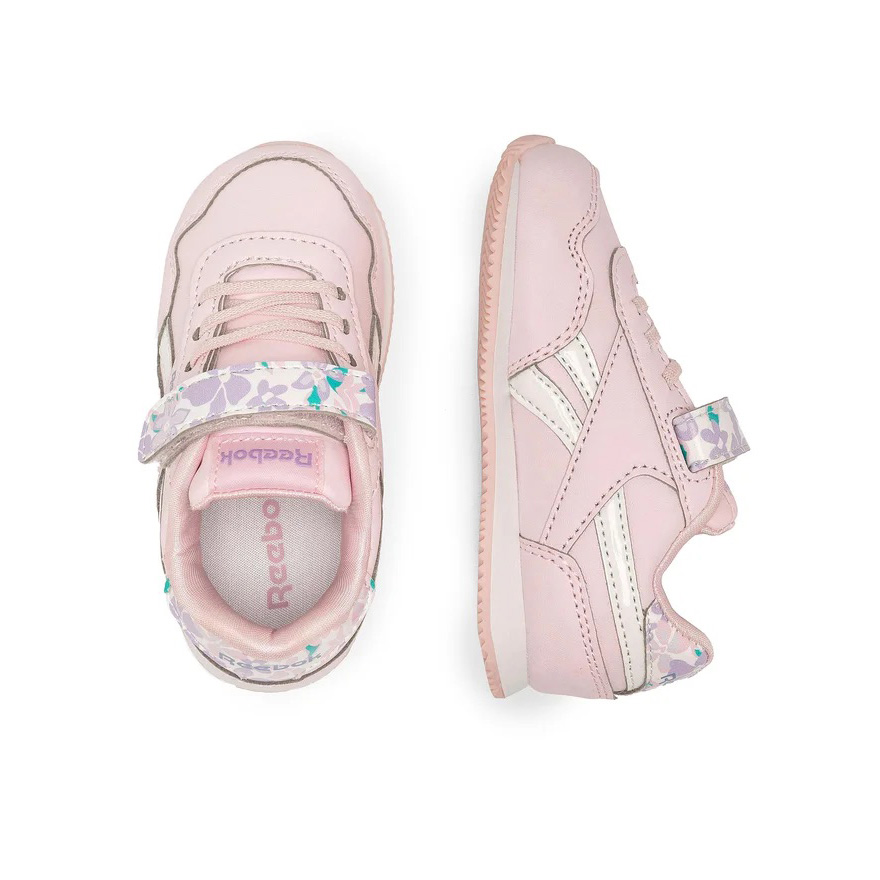 Sapatilhas infantis rosa da Reebok com detalhes florais na tira de velcro e calcanhar