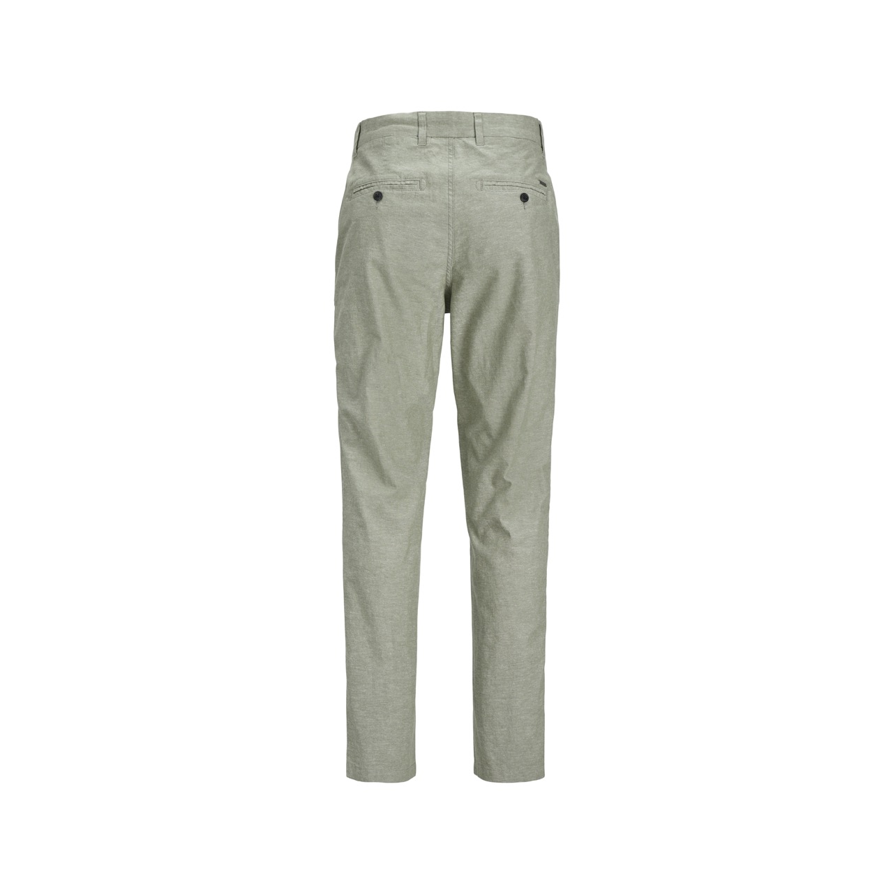 Calças cinza claro com bolsos traseiros e botões