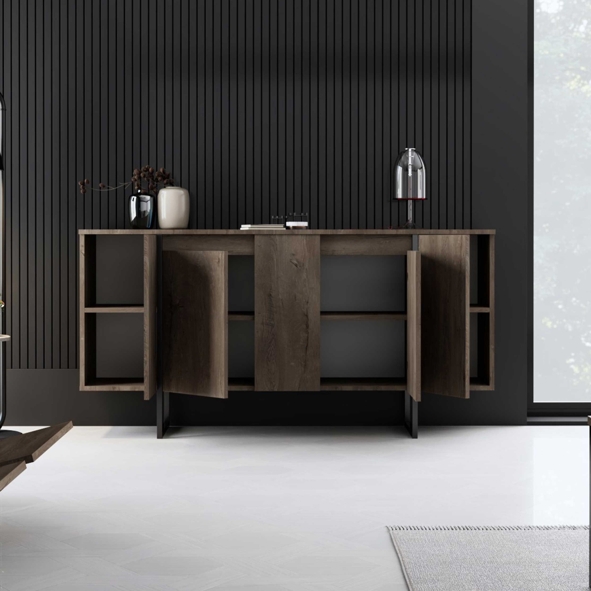 Aparador moderno em madeira castanho escuro com portas abertas e decoração minimalista