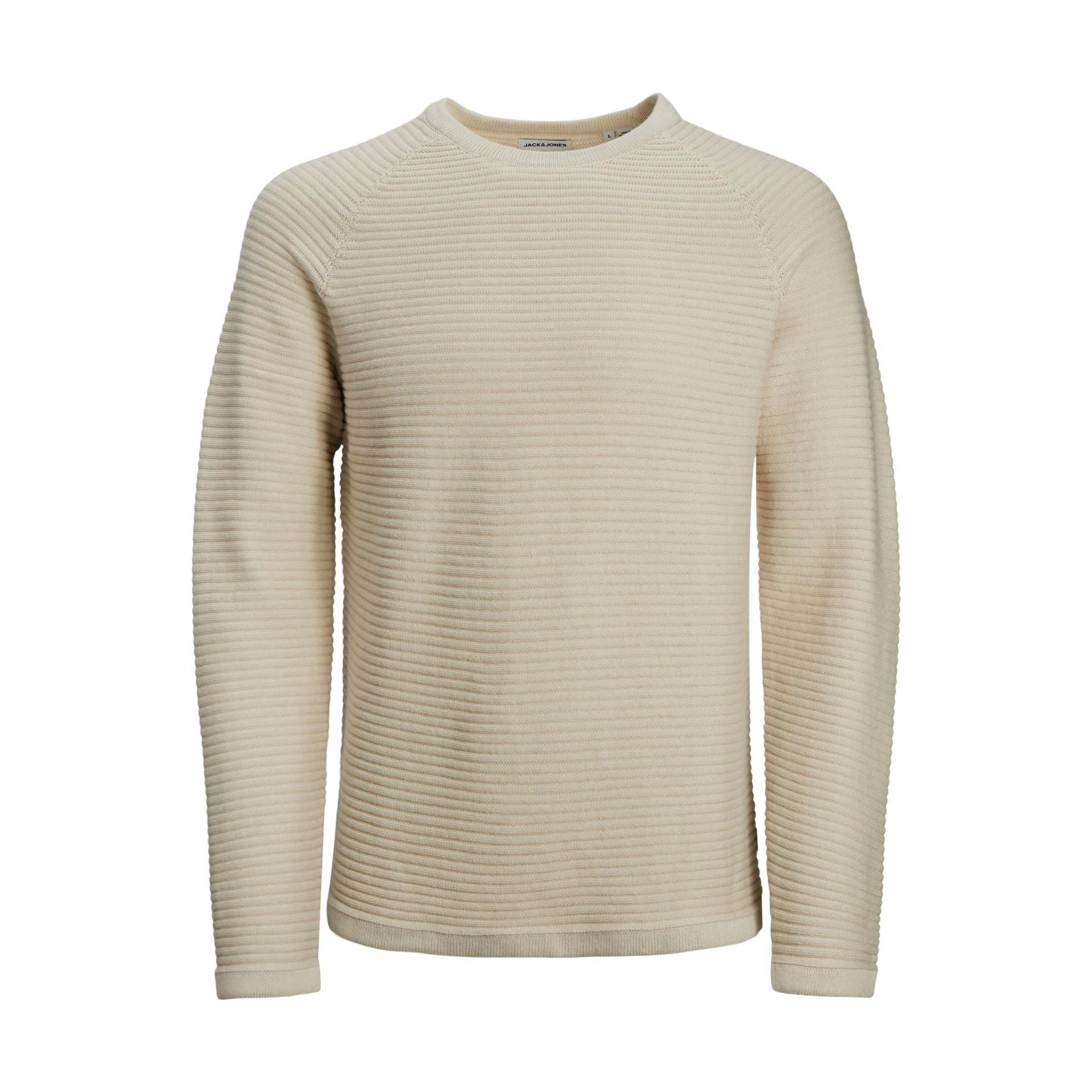 Camisola bege de malha com padrão canelado e decote redondo