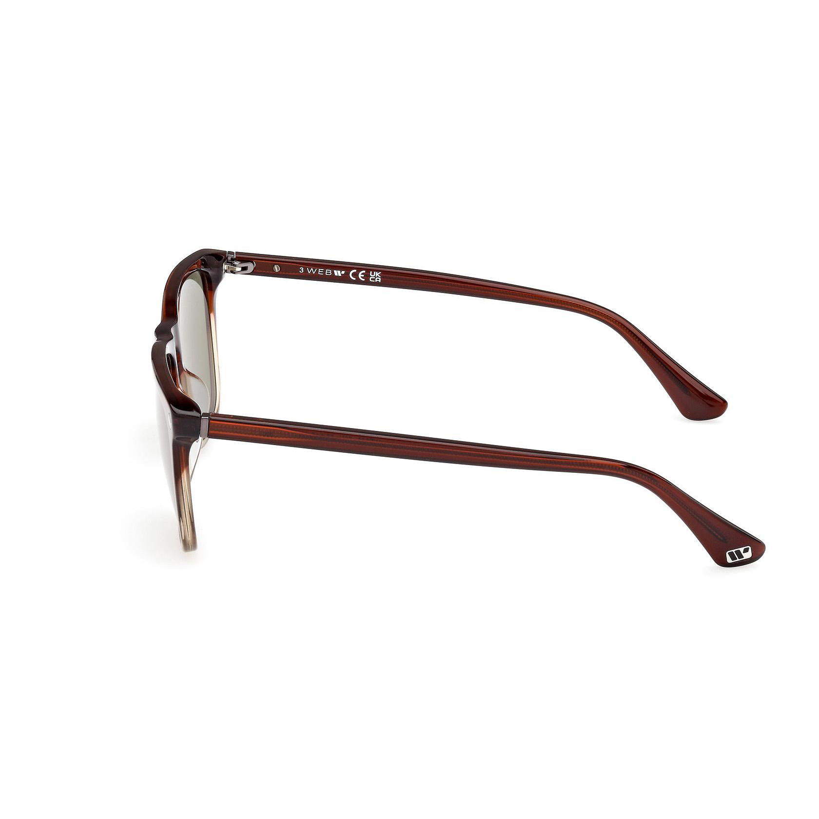 Óculos de sol castanhos vistos de lado sobre fundo branco.