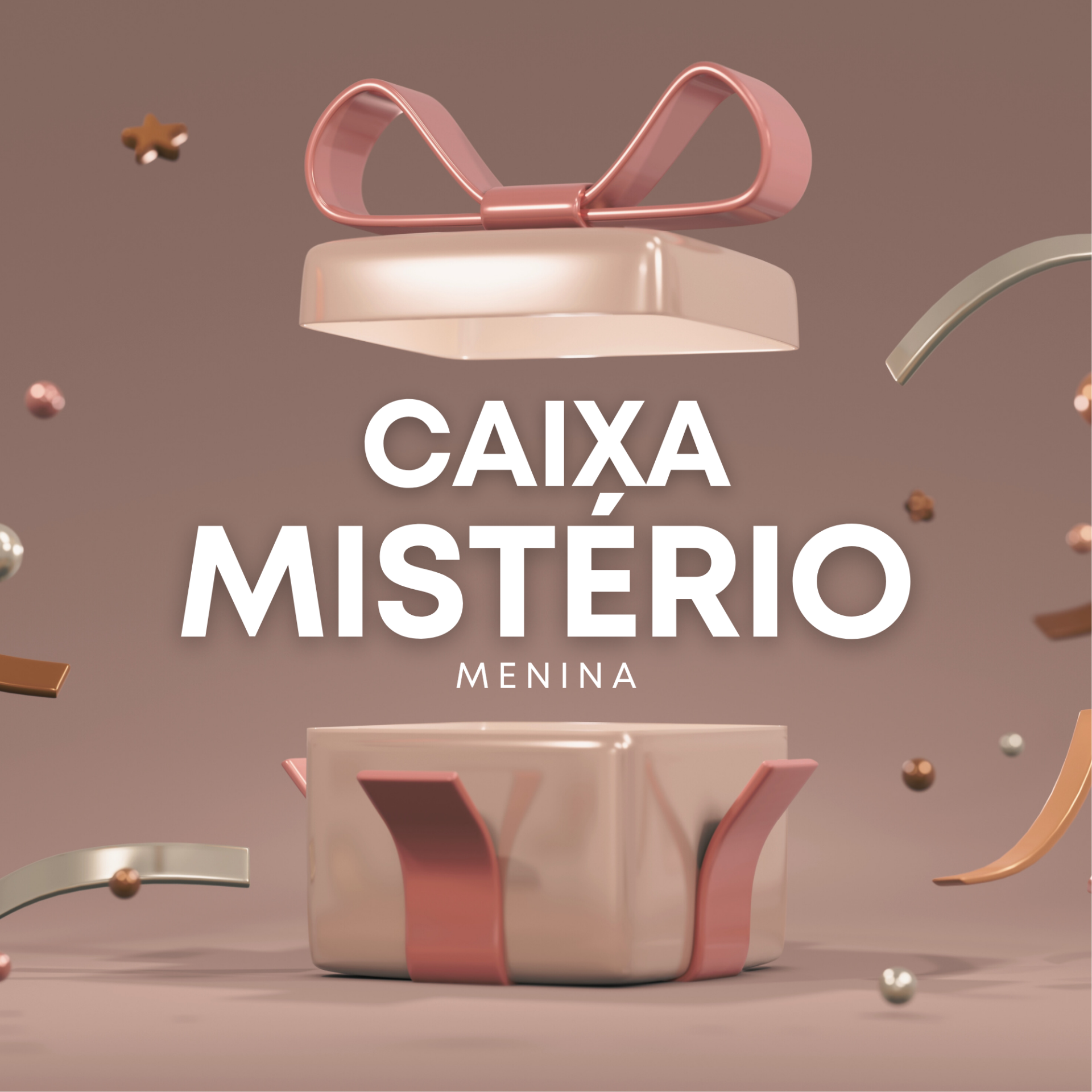 Caixa de presente cor de rosa e bege com texto 'CAIXA MISTÉRIO MENINA'
