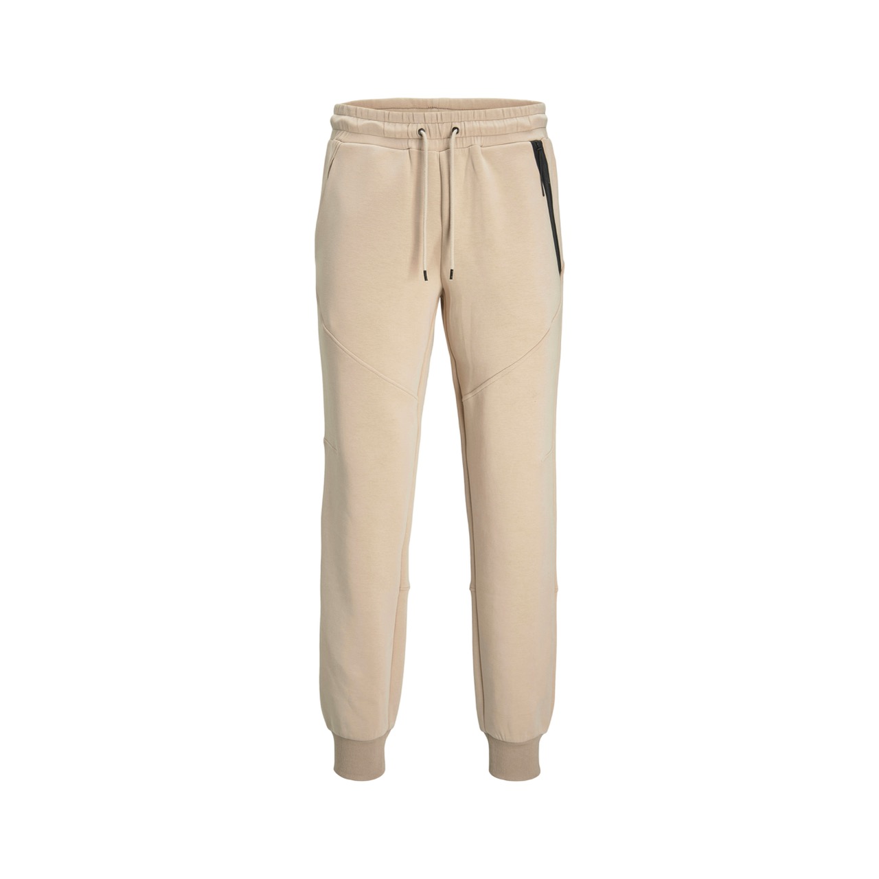 Calças de treino bege com cintura elástica, bolsos com zíper e punhos ajustados