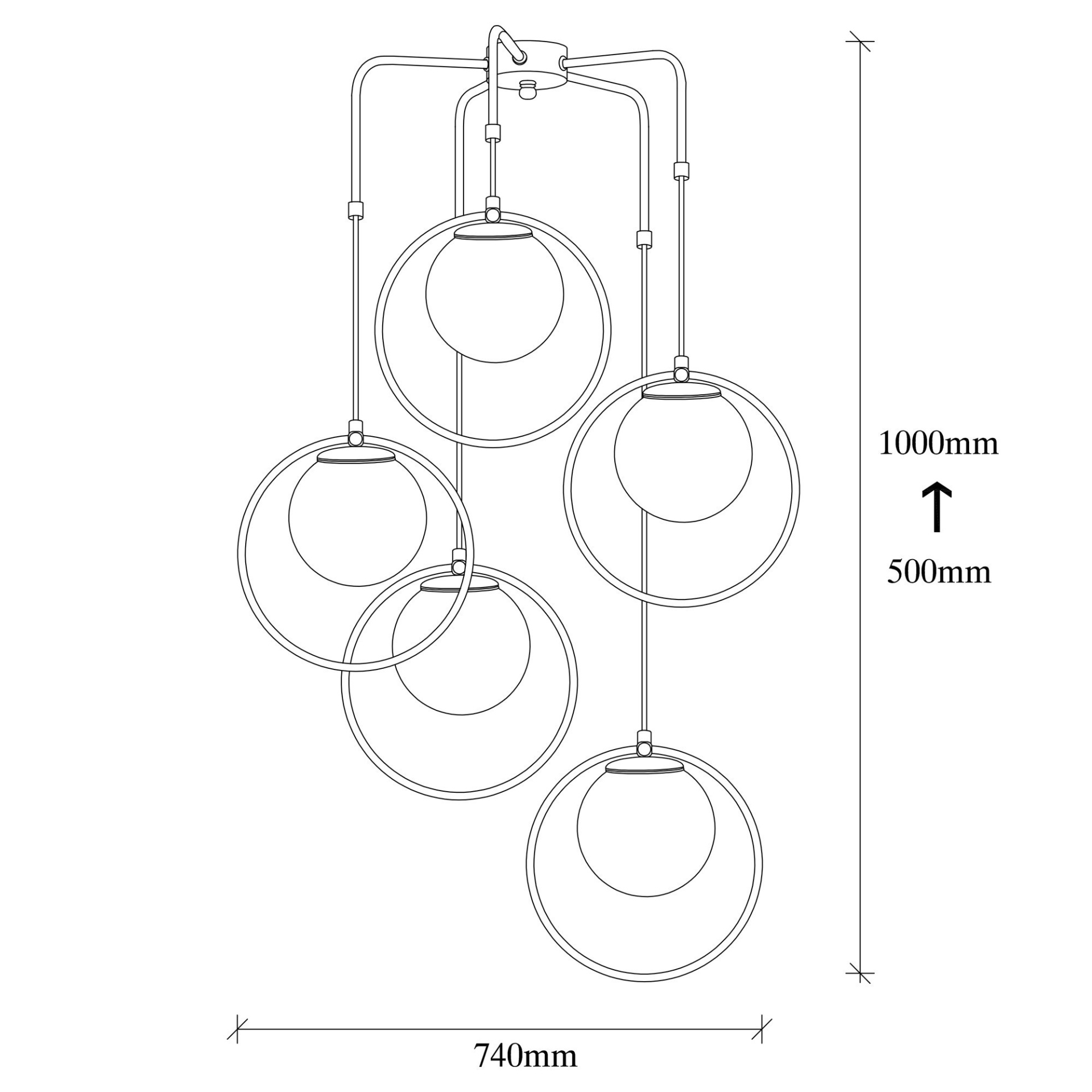 Lustre suspenso com cinco esferas de vidro dentro de círculos metálicos e medidas 740x1000mm