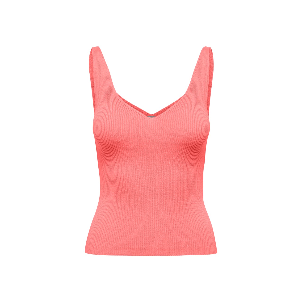 Top feminino rosa coral em malha canelada com decote em V
