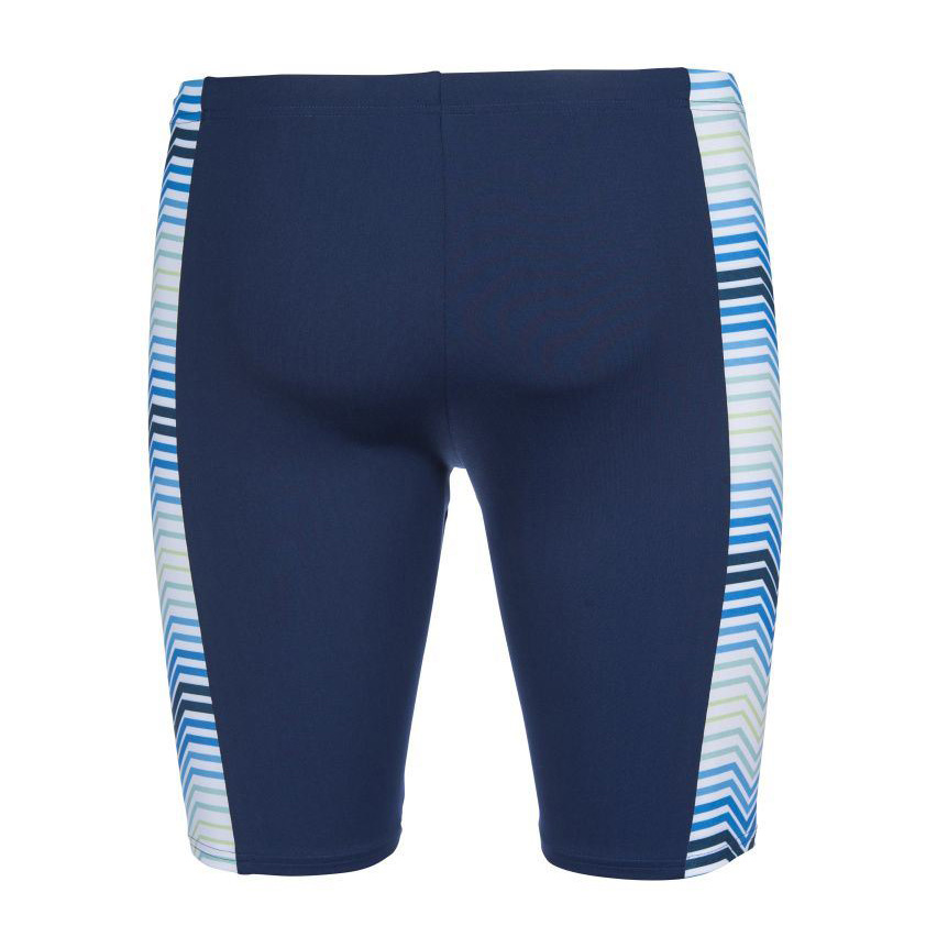 Calções de banho azul escuro com faixas geométricas nas laterais