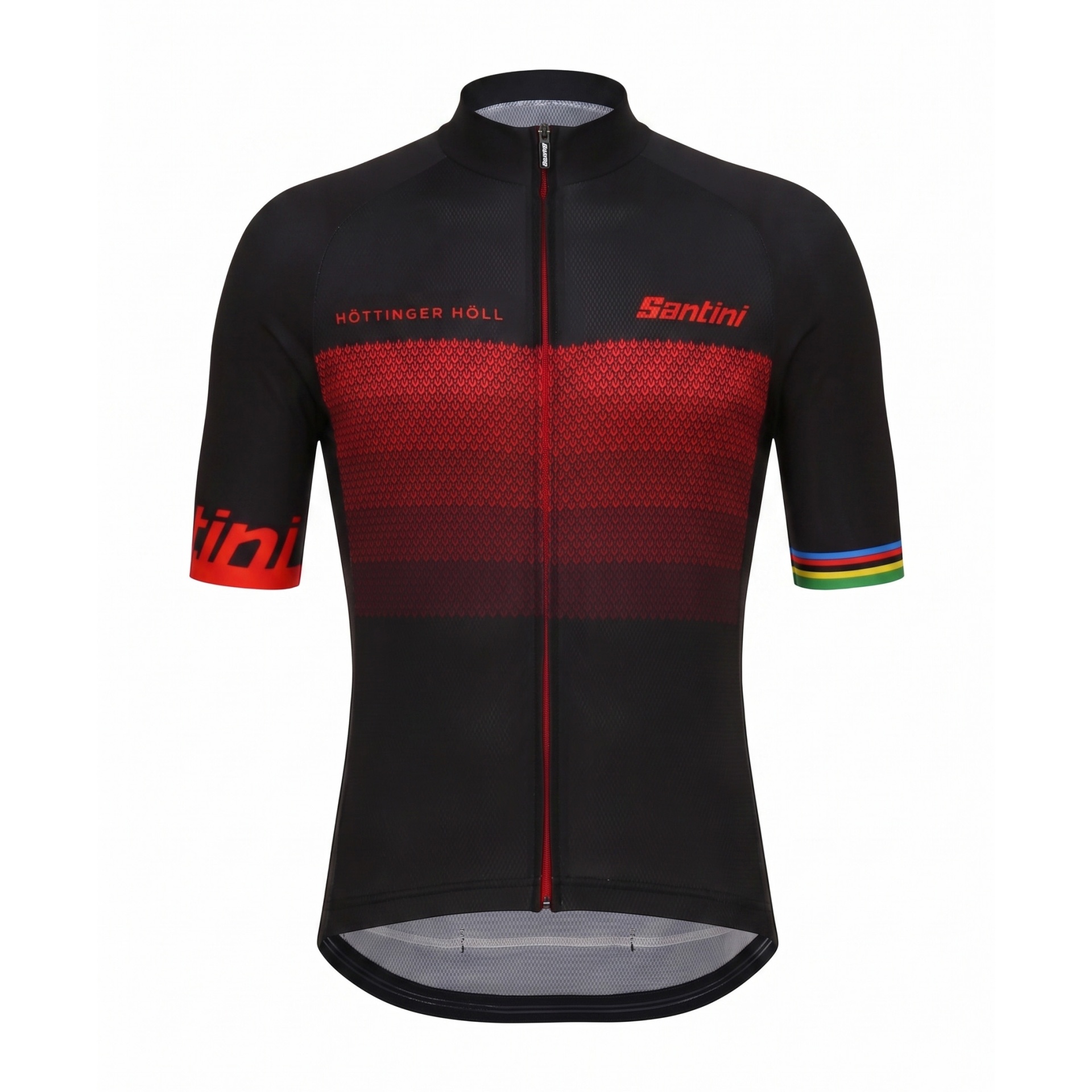 Camisola de ciclismo preta com padrão vermelho e textos HÖTTINGER HÖLL e Santini.