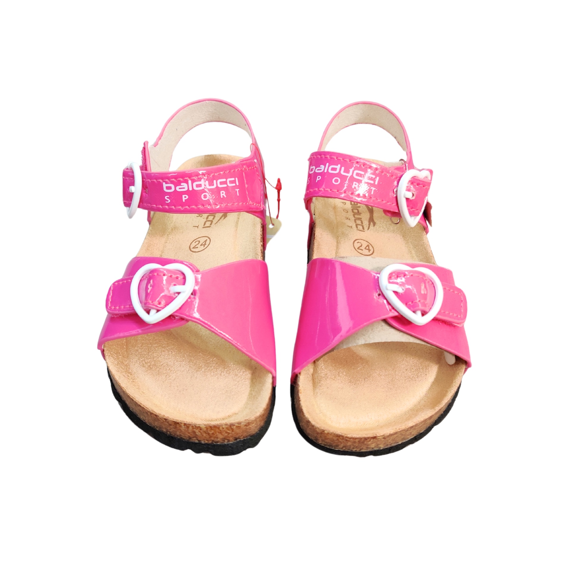 Sandálias infantis rosa com fivela de coração e sola castanha