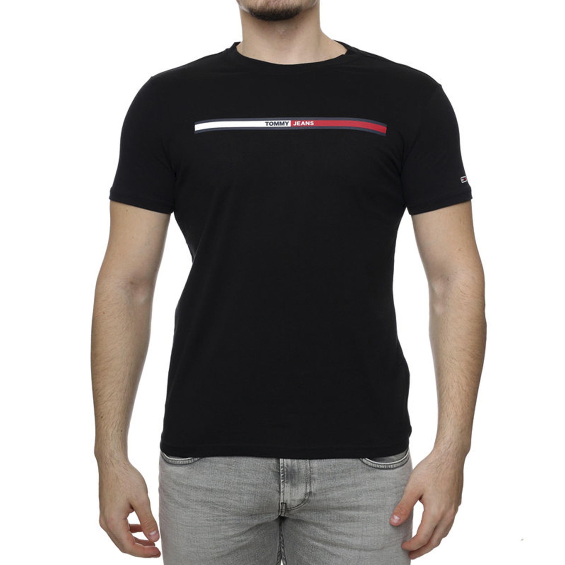 T-shirt preta com padrão colorido e texto Tommy Jeans