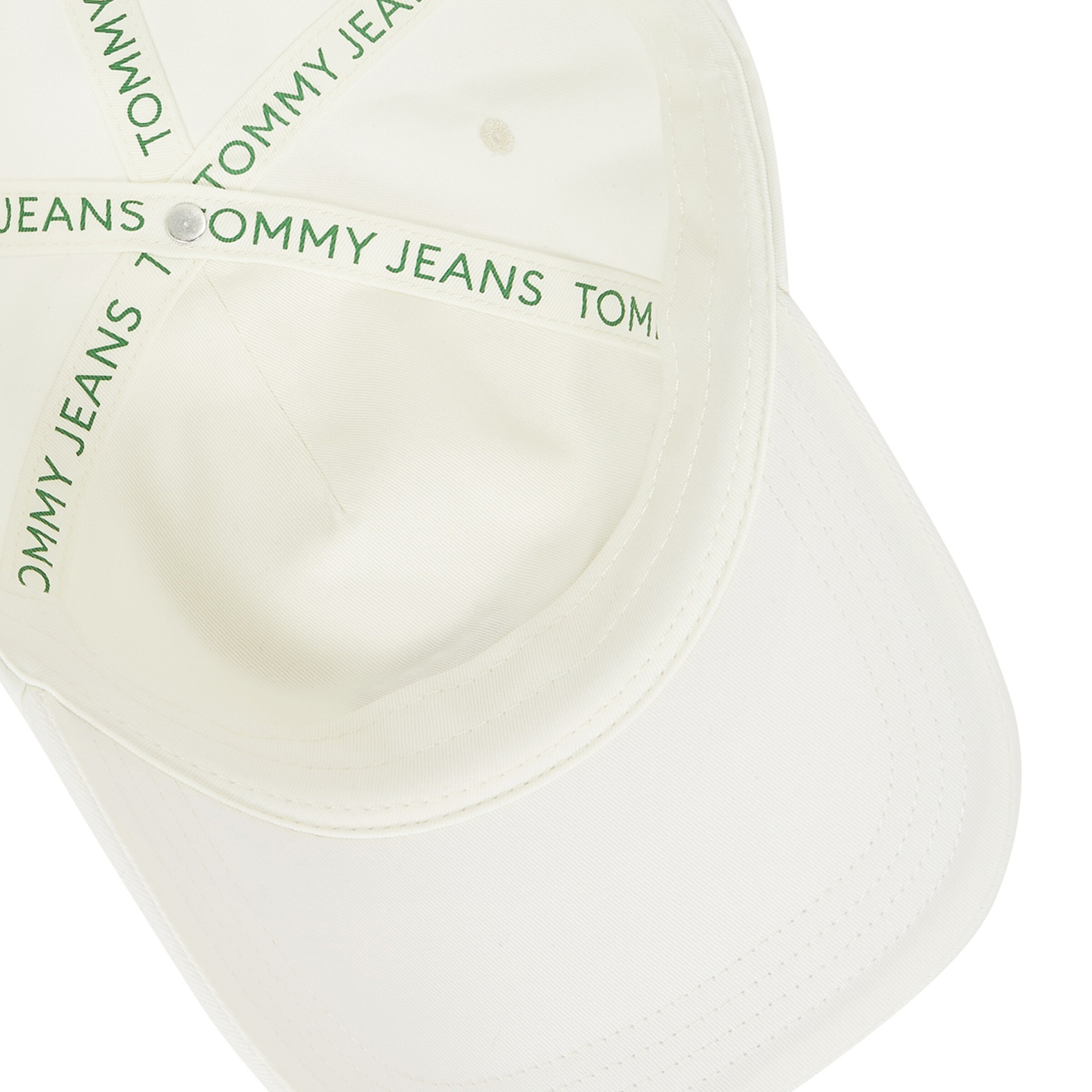 Boné branco com aba curva e fitas interiores com texto Tommy Jeans