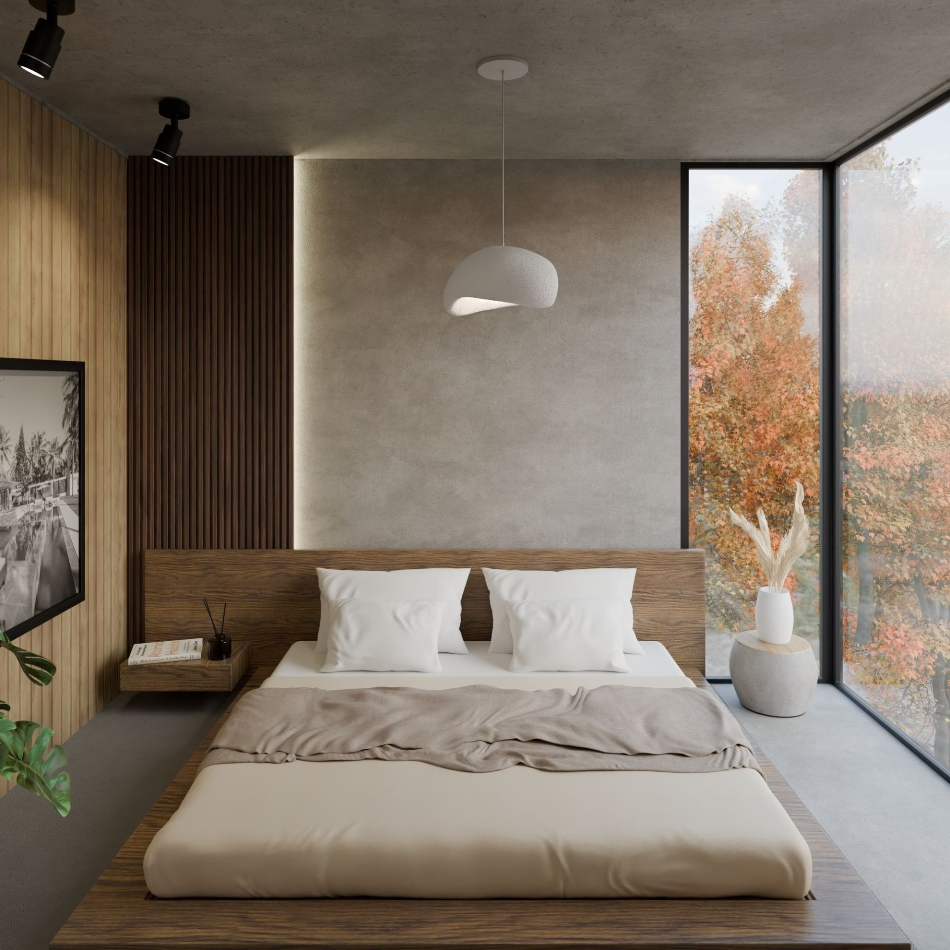 Quarto moderno com cama de madeira e janela grande com vista outonal