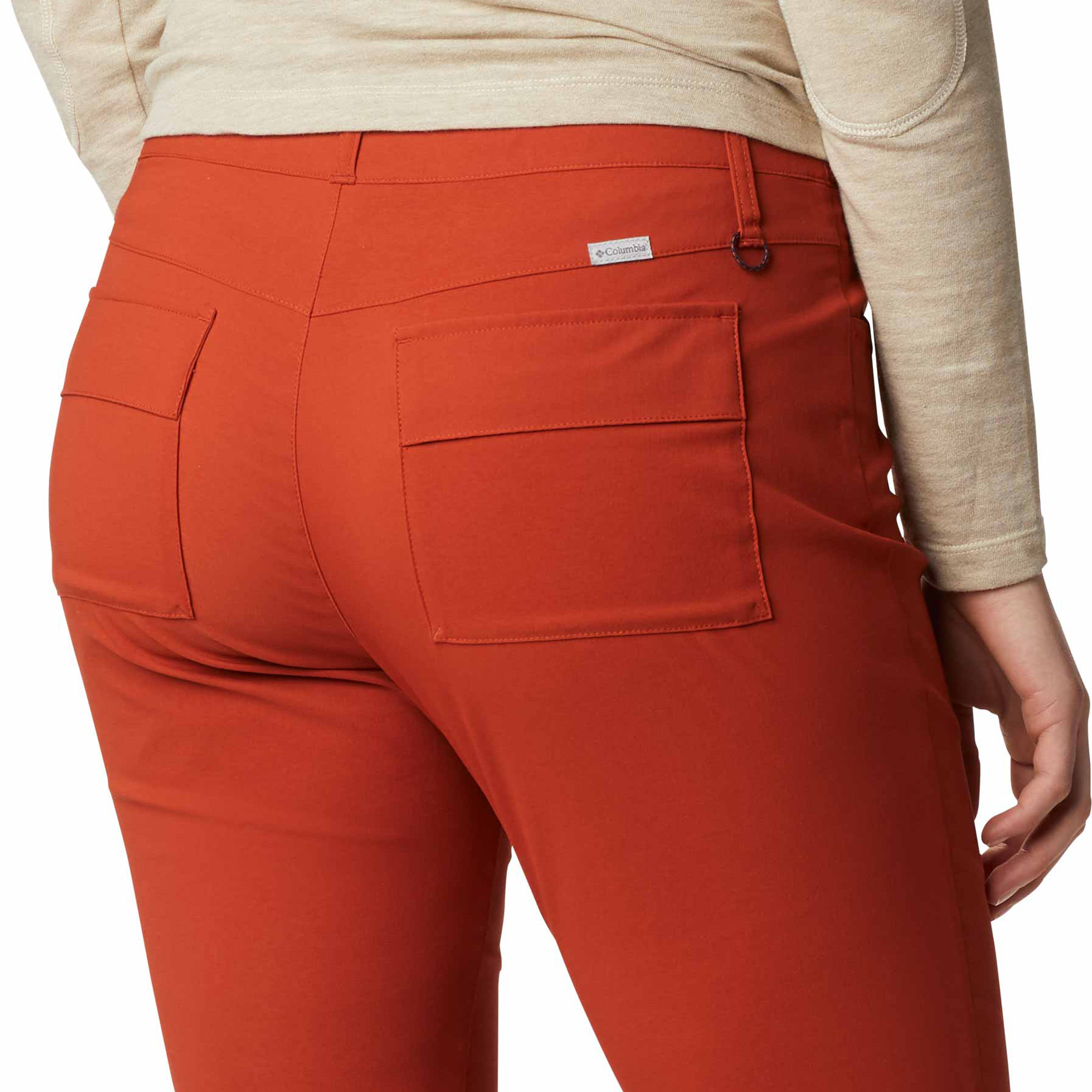 Calças femininas Columbia azuis com dois bolsos traseiros e etiqueta visível