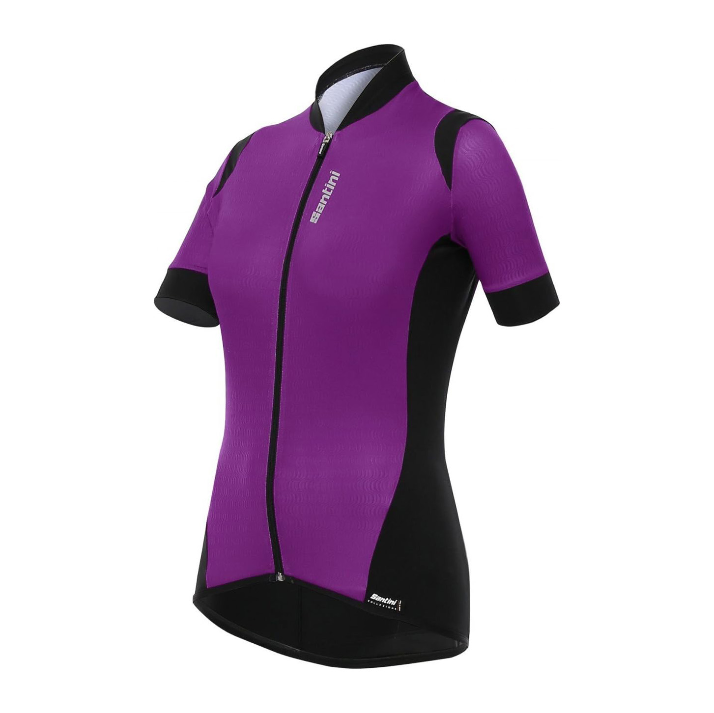 Camisola de ciclismo feminina roxa e preta com fecho e escrita essential