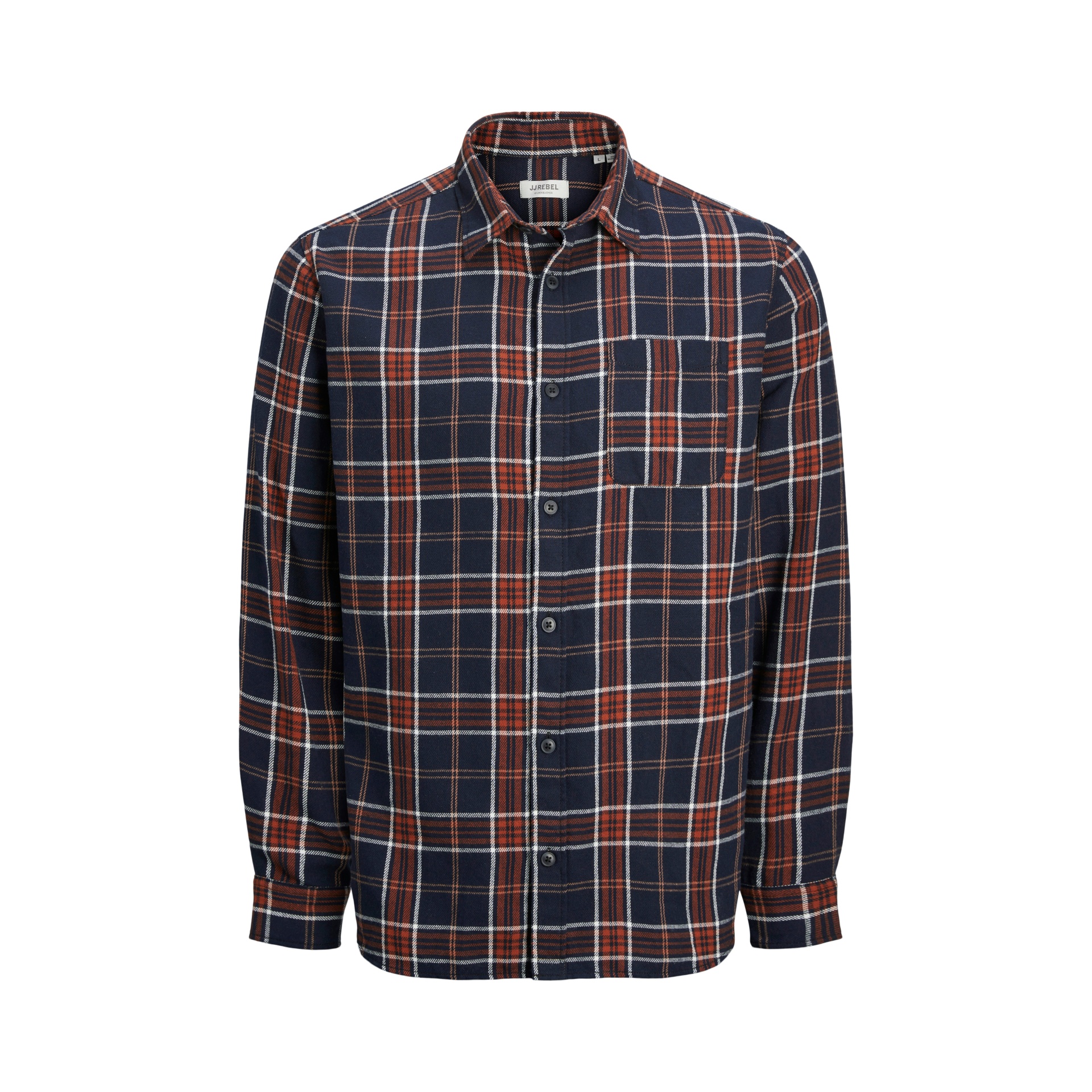 Camisa azul escuro com padrão aos quadrados em vermelho e branco com botões e bolso no peito