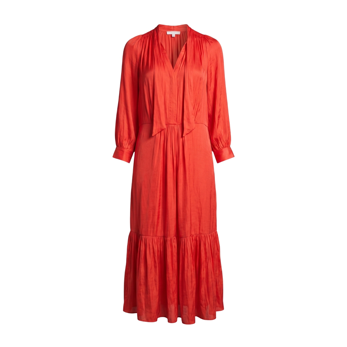 Vestido laranja comprido com mangas compridas e punhos, decote em V e saia com folho