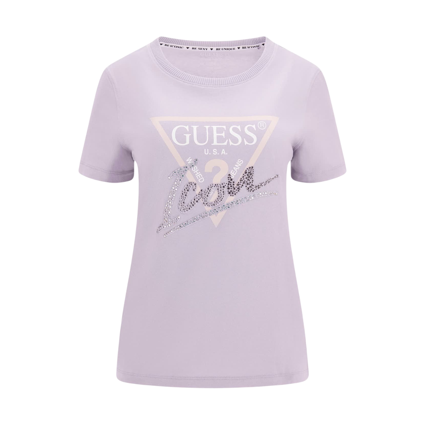 T-shirt lilás feminina com estampado GUESS U.S.A. e Icon em strass