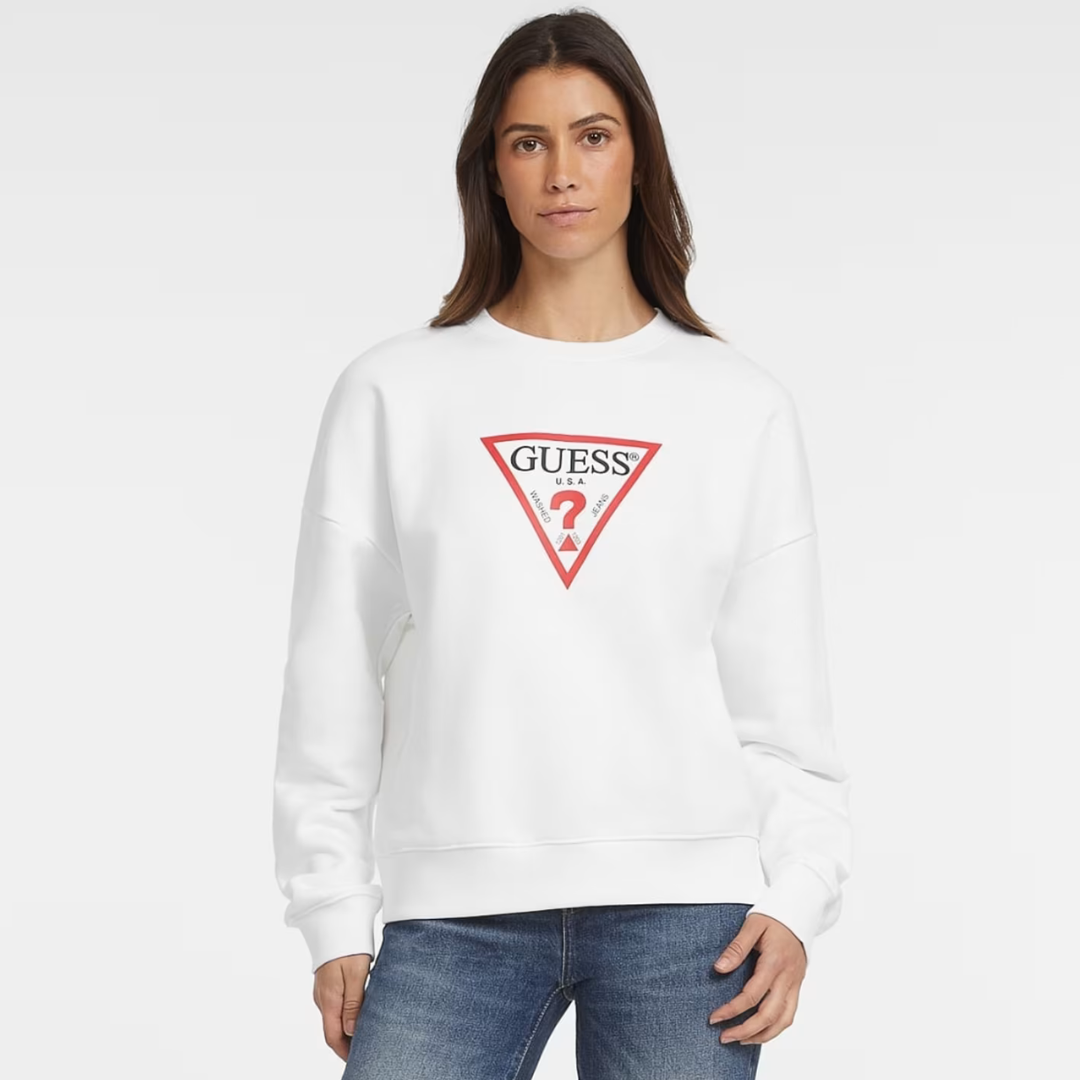 Sweatshirt branca GUESS com logótipo triangular vermelho no peito