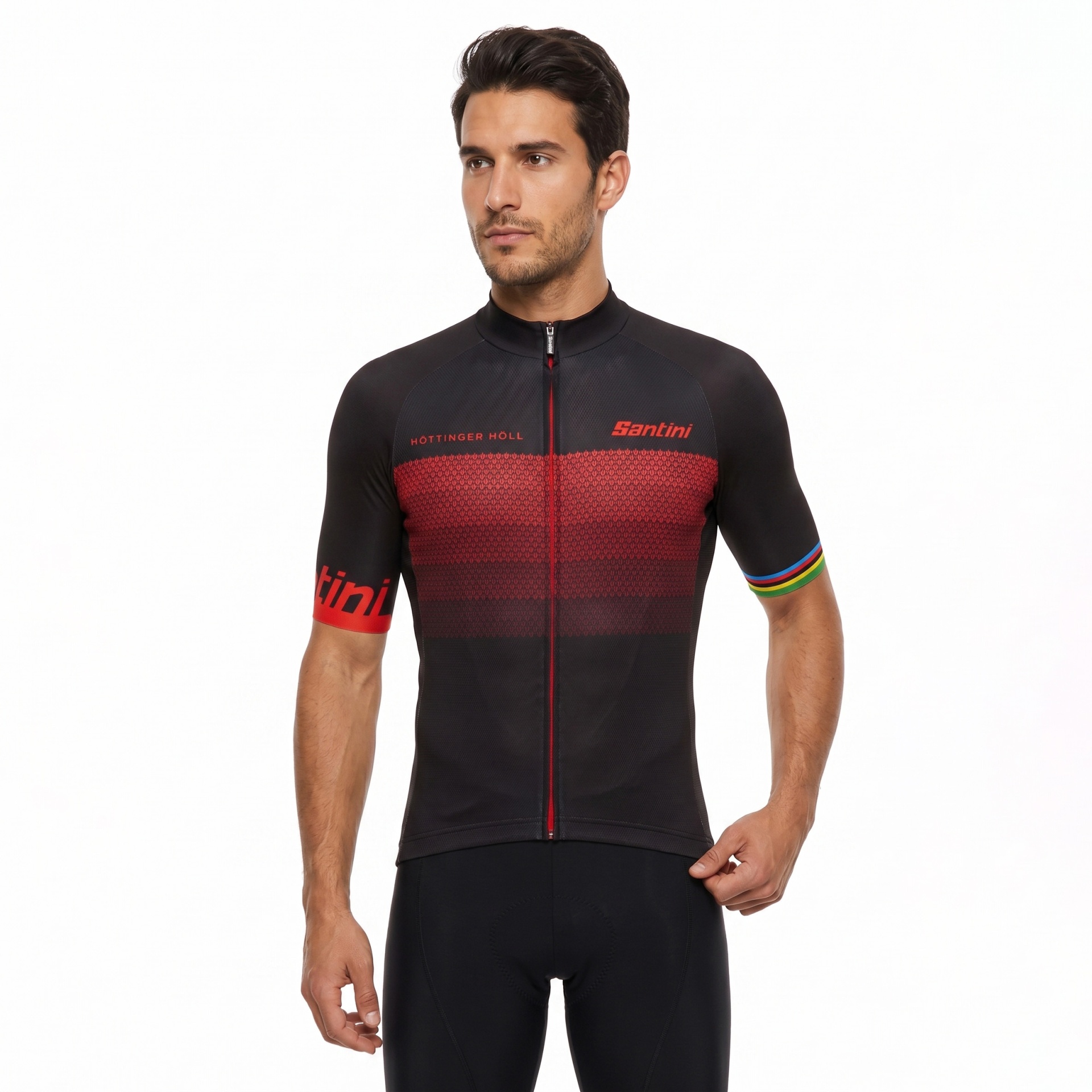 Camisola de ciclismo masculina preta e vermelha com estampado geométrico e texto Santini