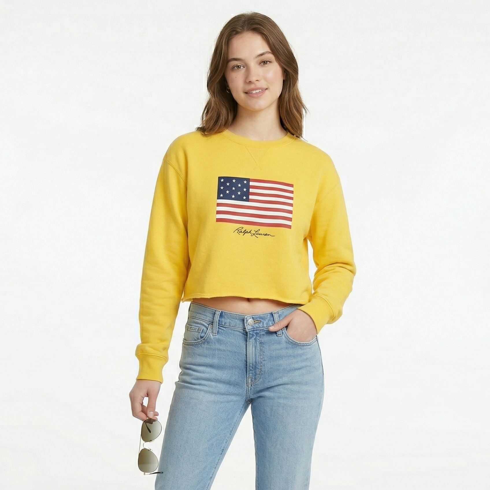 Sweat amarelo com bandeira dos EUA e assinatura Ralph Lauren