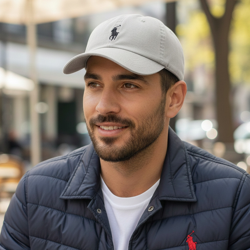 Homem com boné cinzento claro e casaco azul acolchoado sentado num café ao ar livre