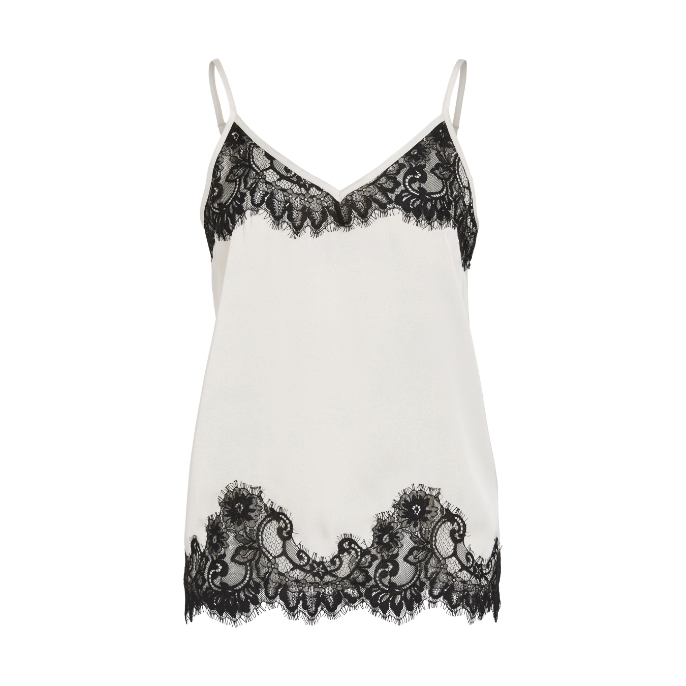 Top branco com renda preta floral no decote e barra