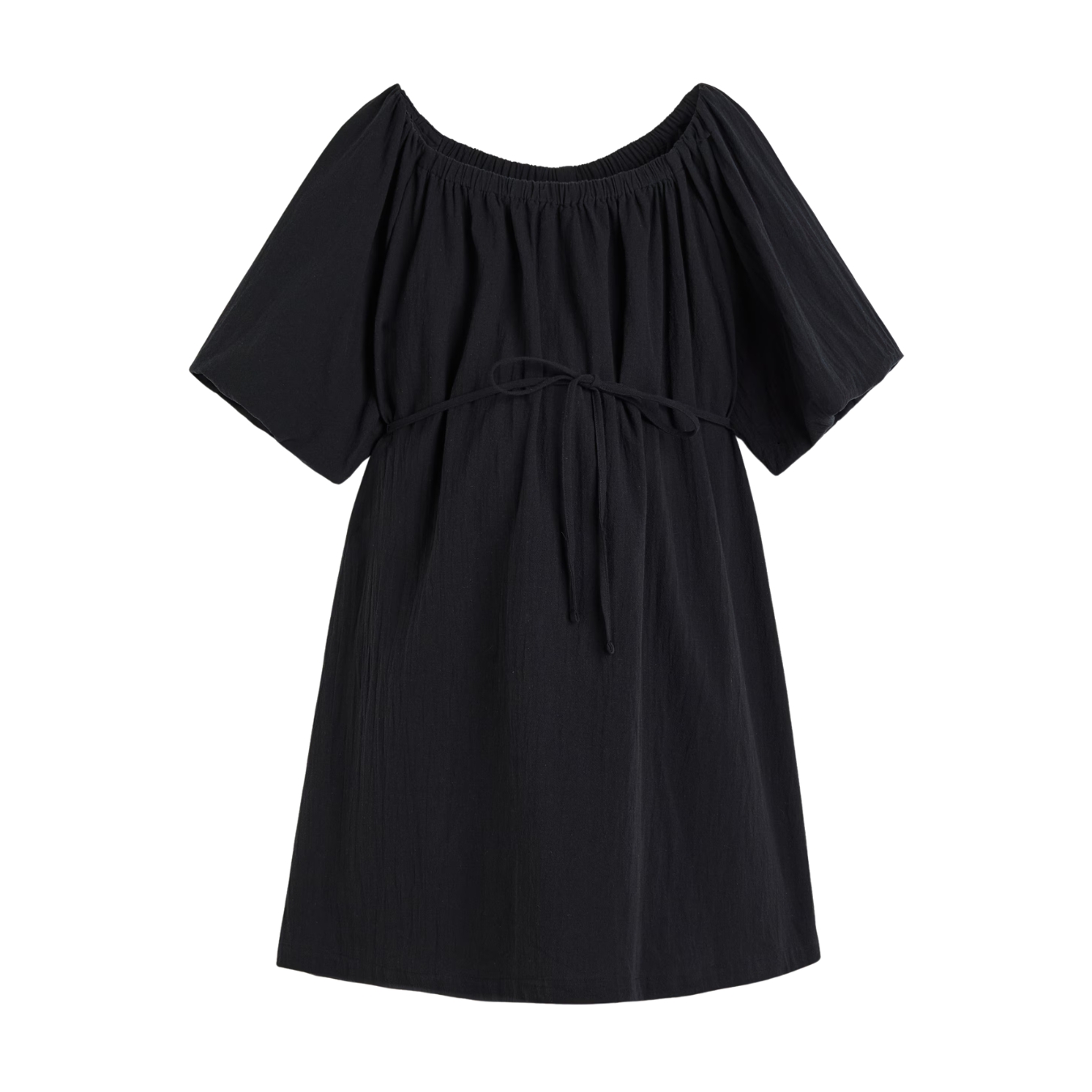 Vestido curto preto com cinto fino e decote elástico