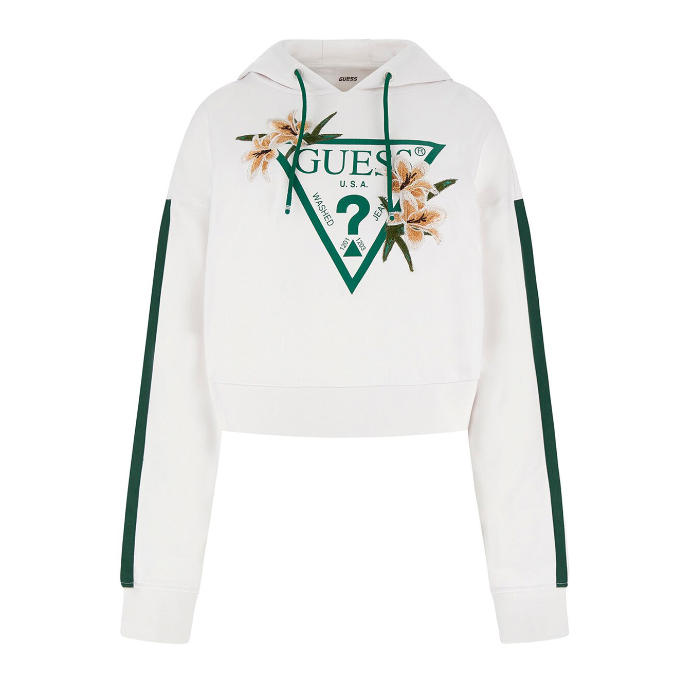 Sweatshirt branca com capuz, logo GUESS e flores bordadas.