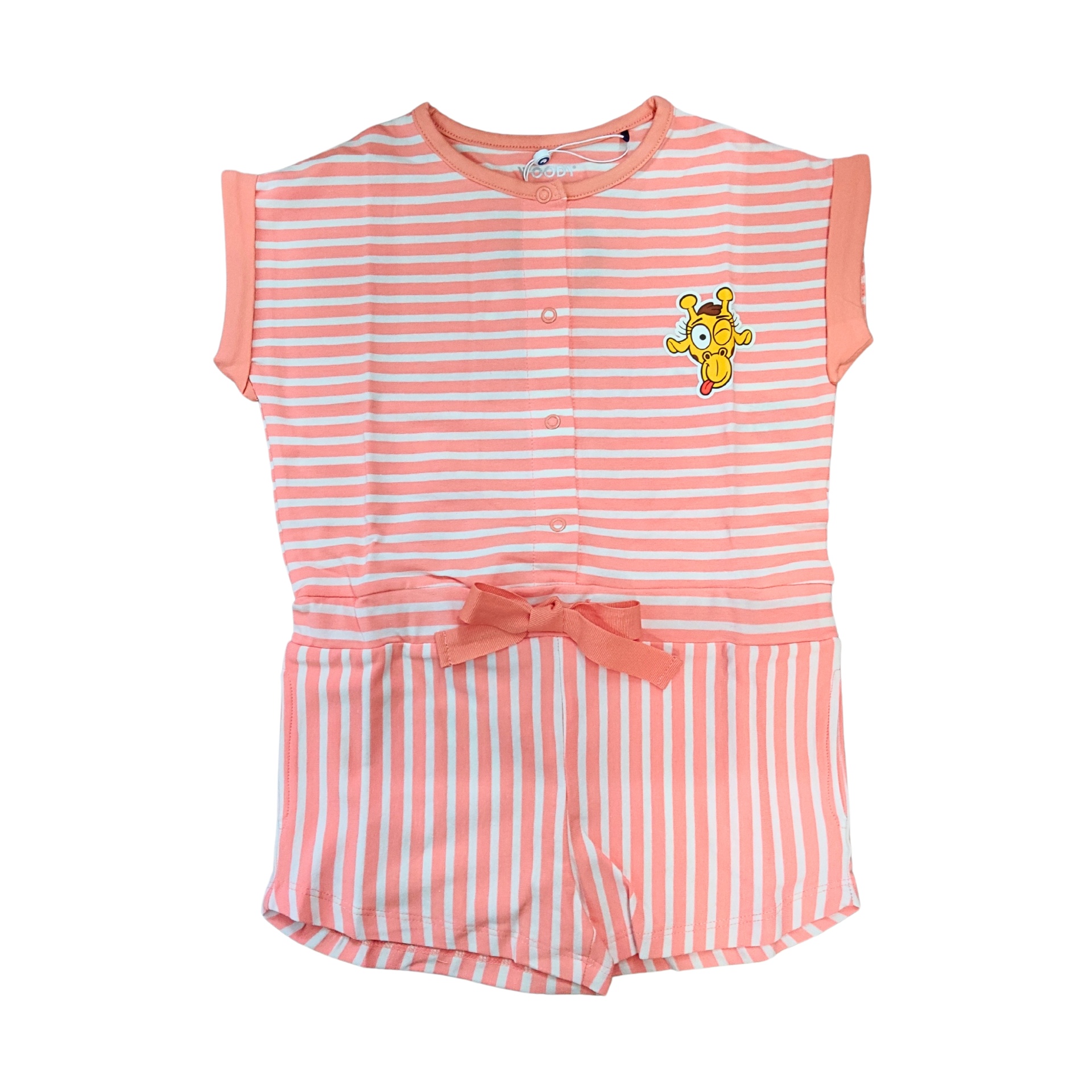 Macacão bebé rosa com riscas brancas e desenho animado amarelo