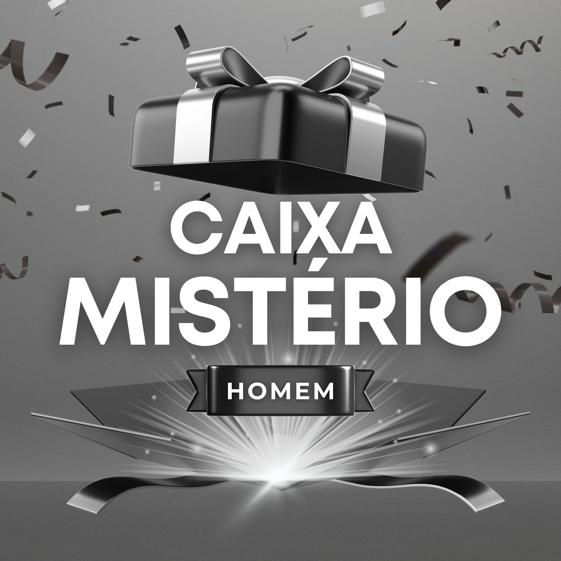 Caixa de presente preta com laço prateado flutuando acima de caixa aberta preta com luz brilhante e texto Caixa Mistério Homem.