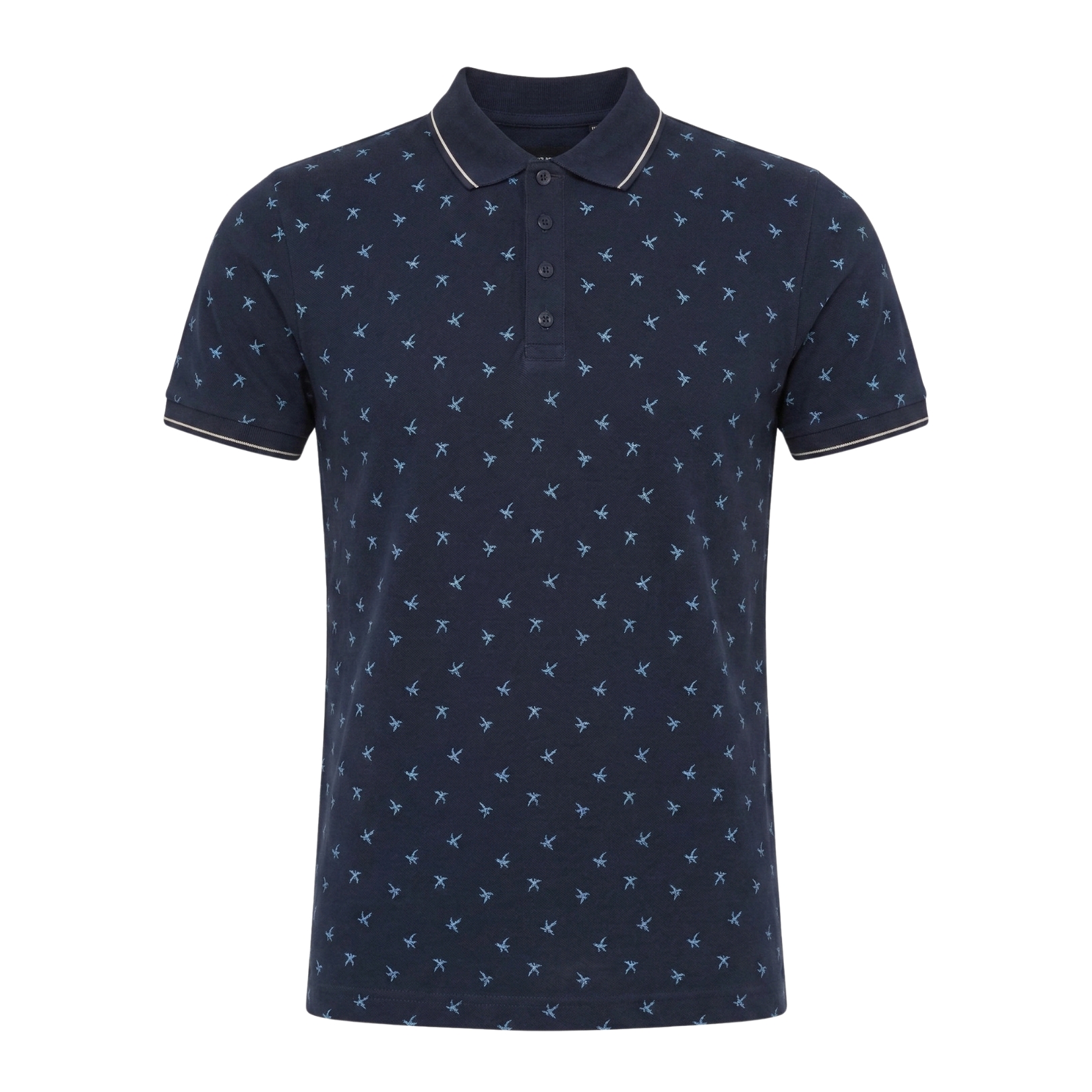 Polo masculina azul escuro com padrão de pássaros azuis