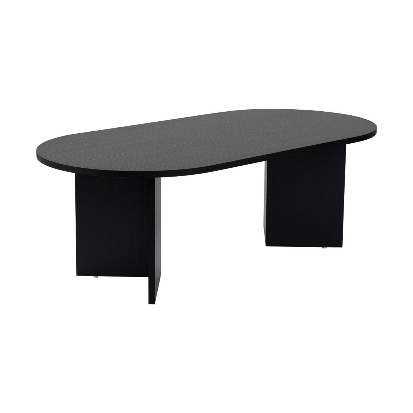Mesa de centro preta oval com bases retangulares de madeira