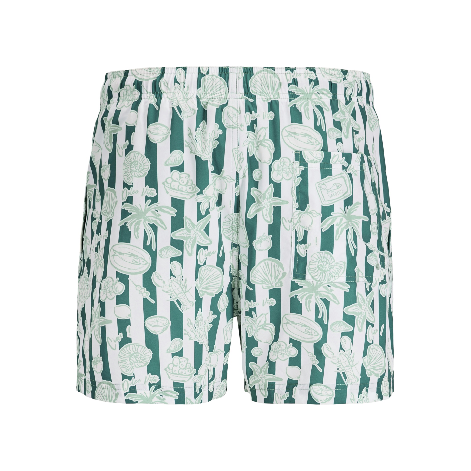 Calções de banho verdes com estampado tropical branco e cós elástico