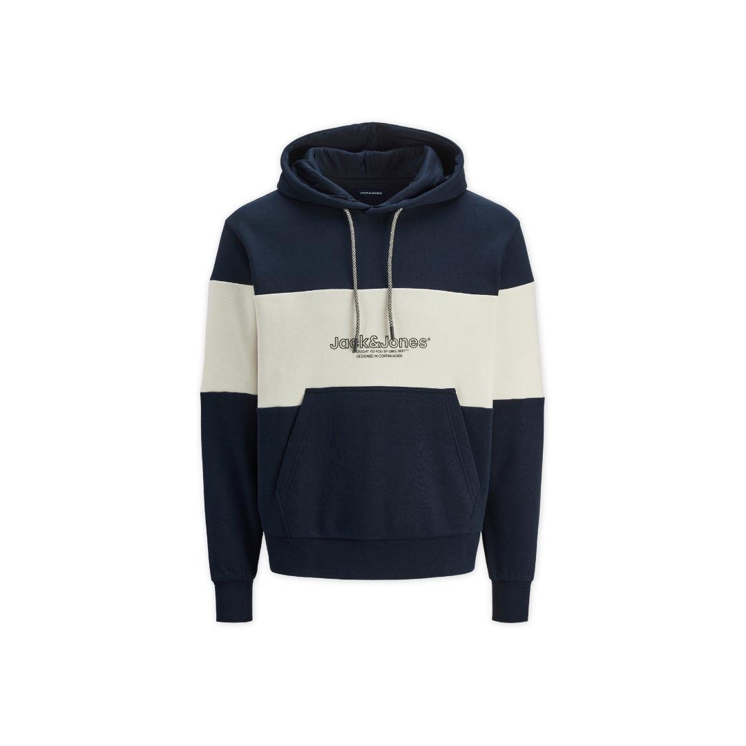 Sweatshirt com capuz azul-marinho e branco com bolso canguru