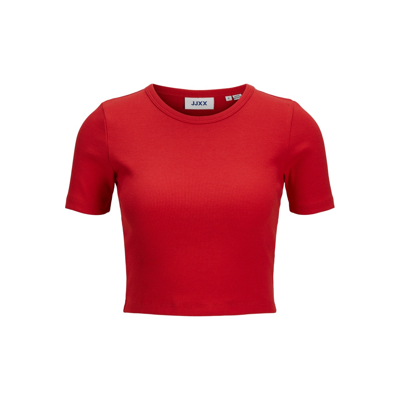 T-shirt cropped vermelha de manga curta com gola redonda e etiqueta JXX.