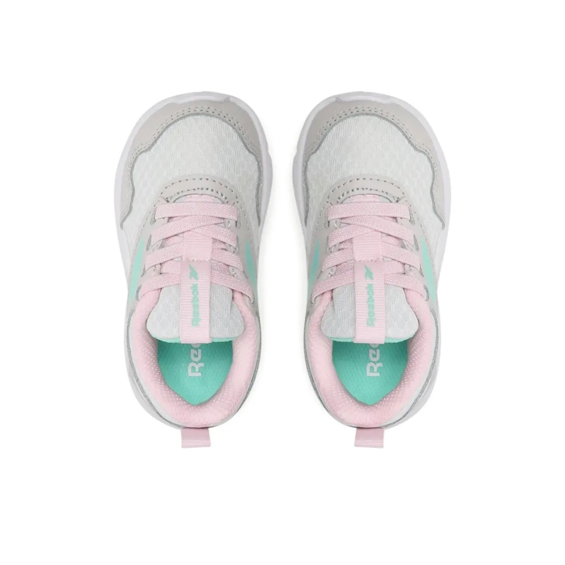 Ténis infantis Reebok cinza, rosa e verde água vistos de cima