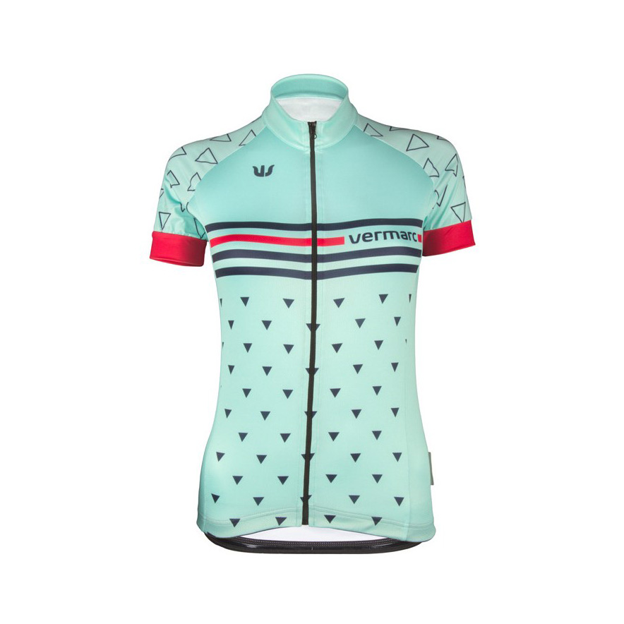 Camisola de ciclismo verde água com triângulos pretos e listras horizontais