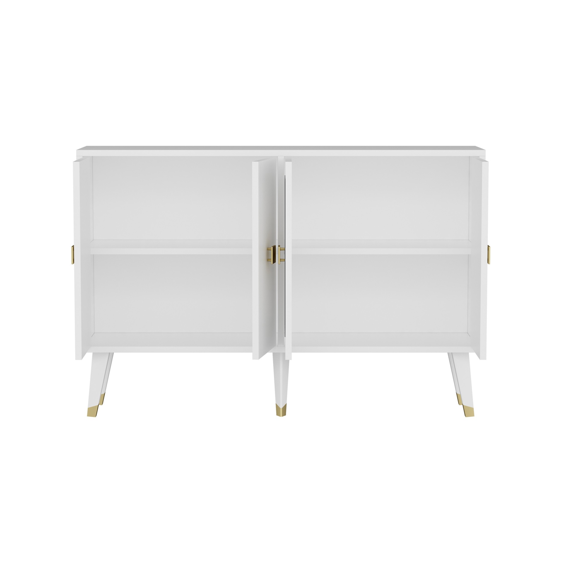 Móvel branco com portas abertas e detalhes dourados