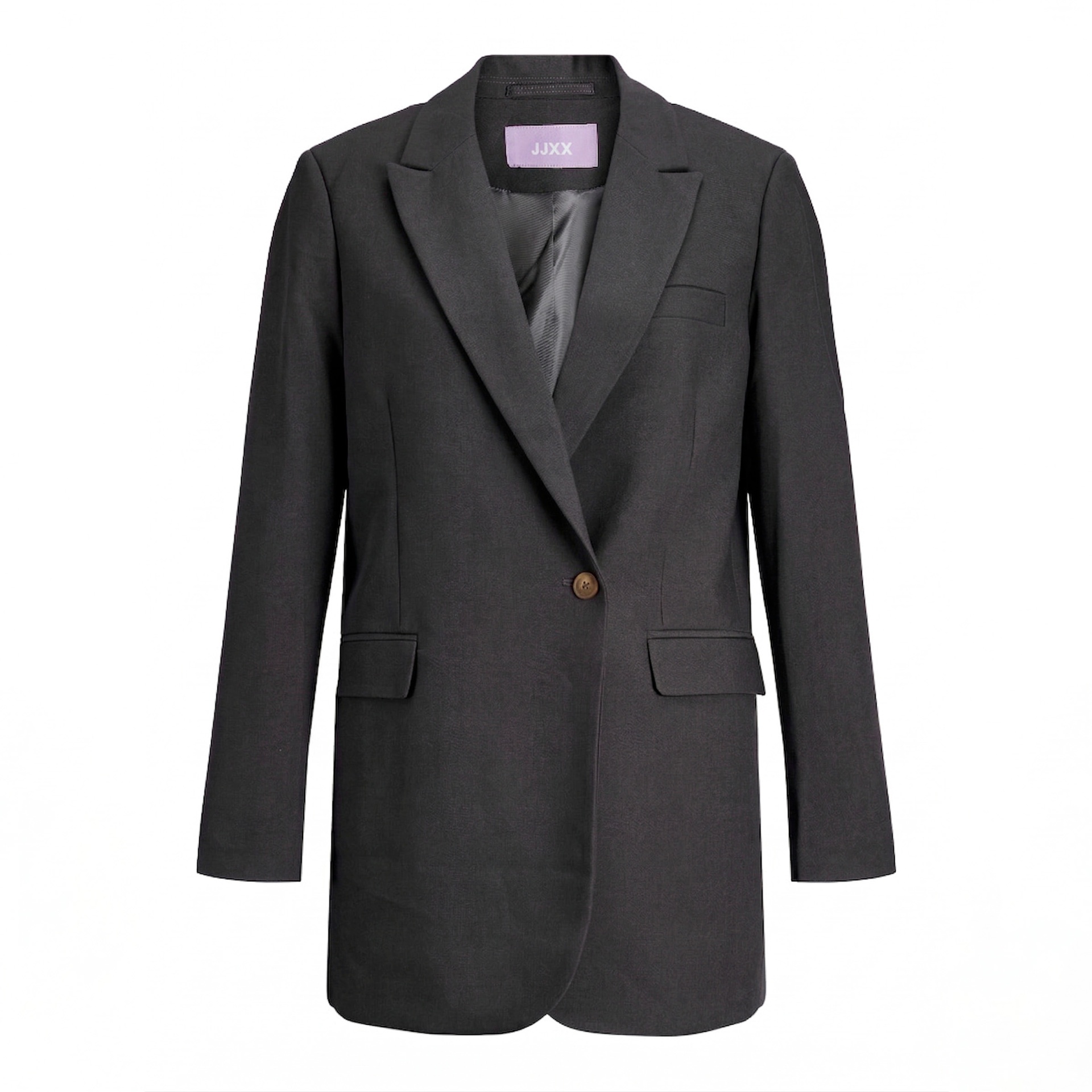 Casaco cinzento escuro com botão e gola de lapela com etiqueta JJXX