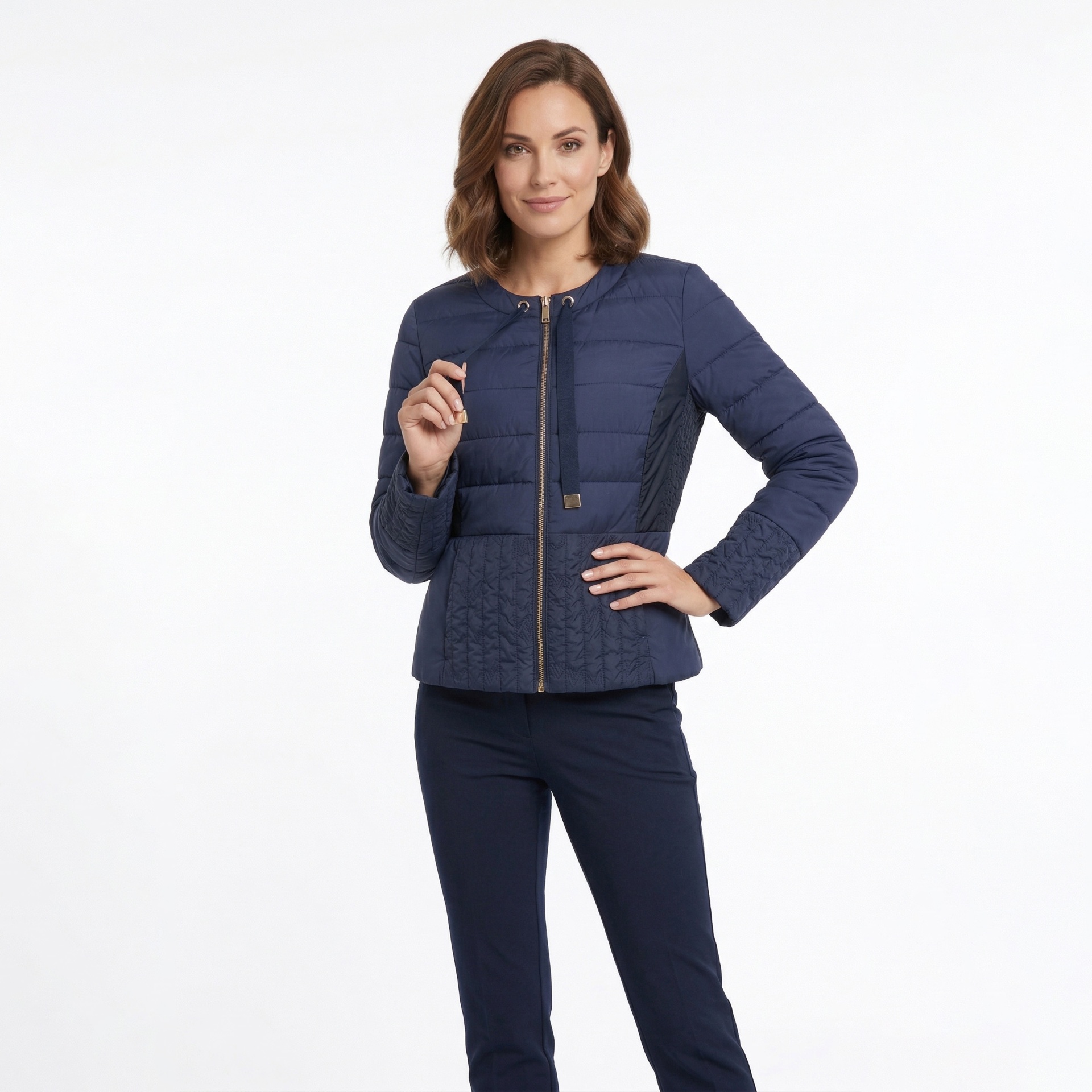 Casaco feminino acolchoado azul escuro com fecho de correr