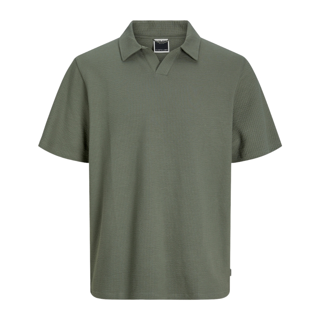 T-shirt verde oliva de manga curta com gola tipo polo e textura waffle
