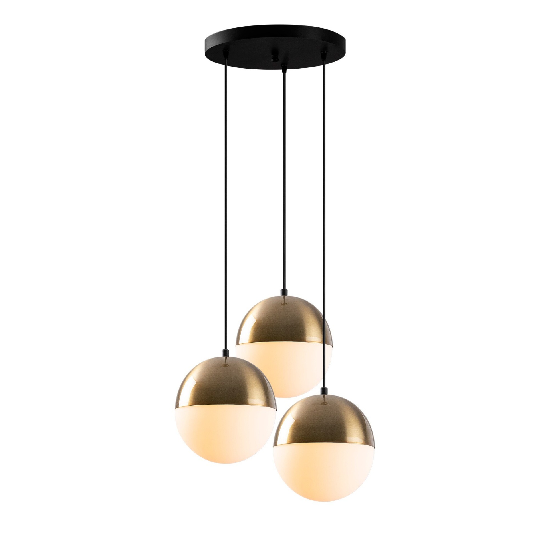 Candeeiro suspenso com três globos esféricos em vidro fosco branco e metal dourado