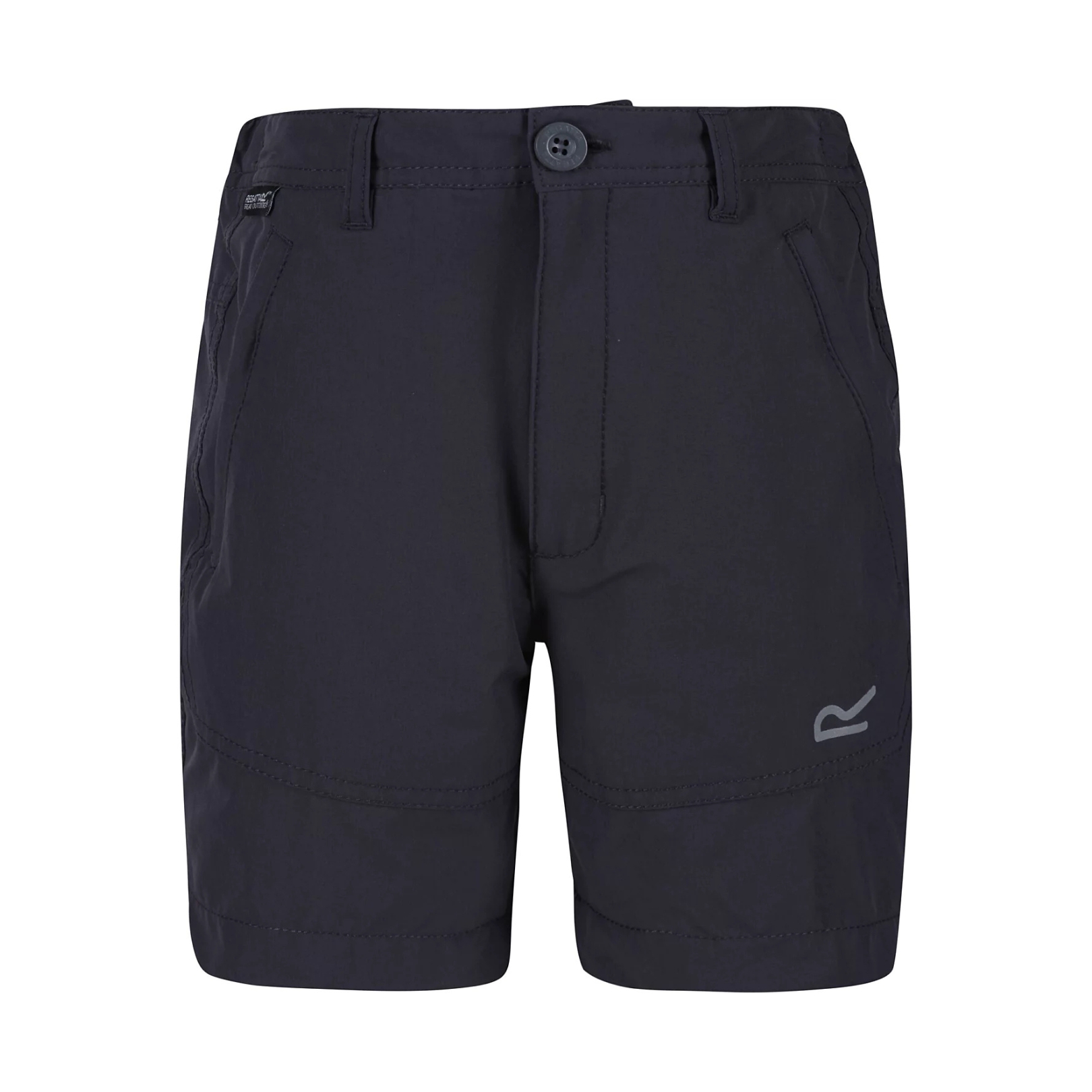 Calções pretos com botão e cinto, bolsos frontais e logótipo cinzento