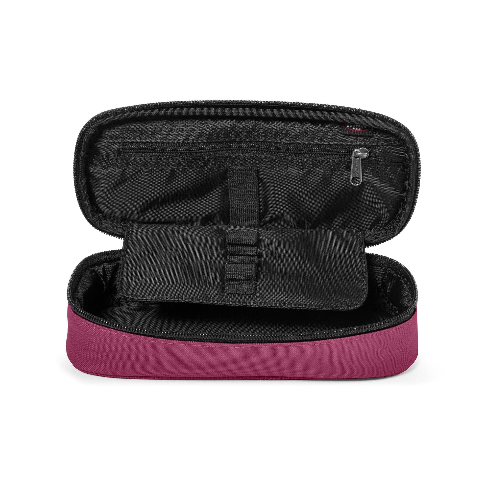 Estojo escolar rosa com interior preto aberto