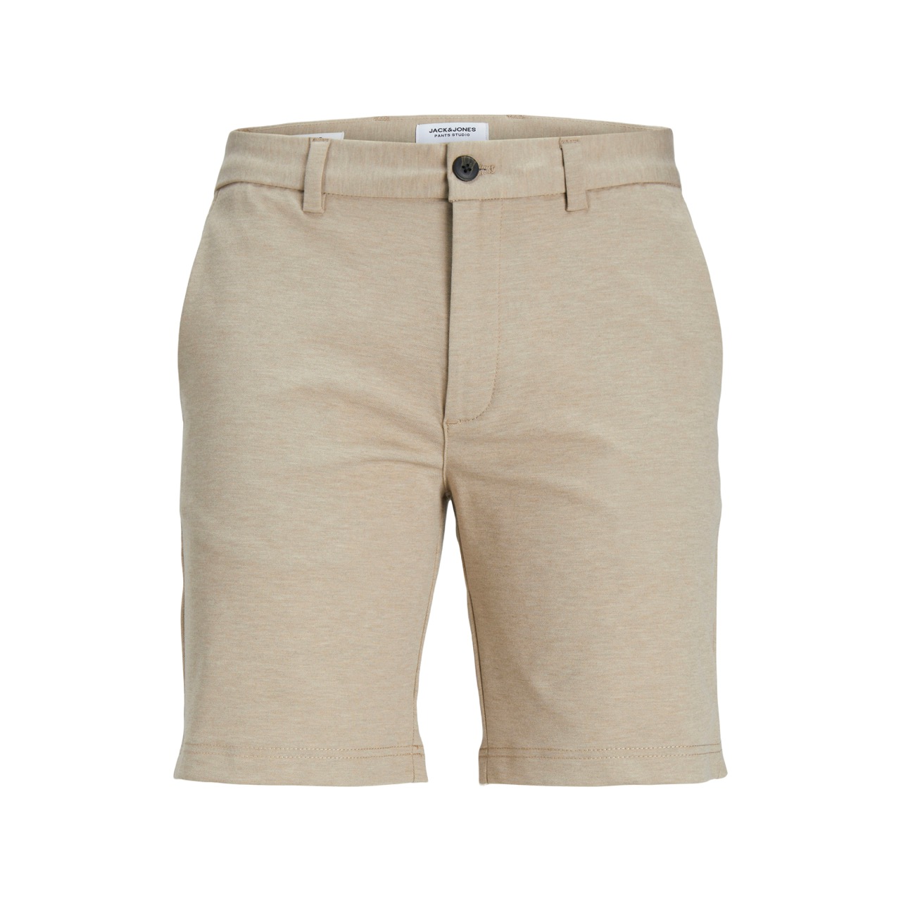 Calções bege em tecido piqué com cinto e botão preto