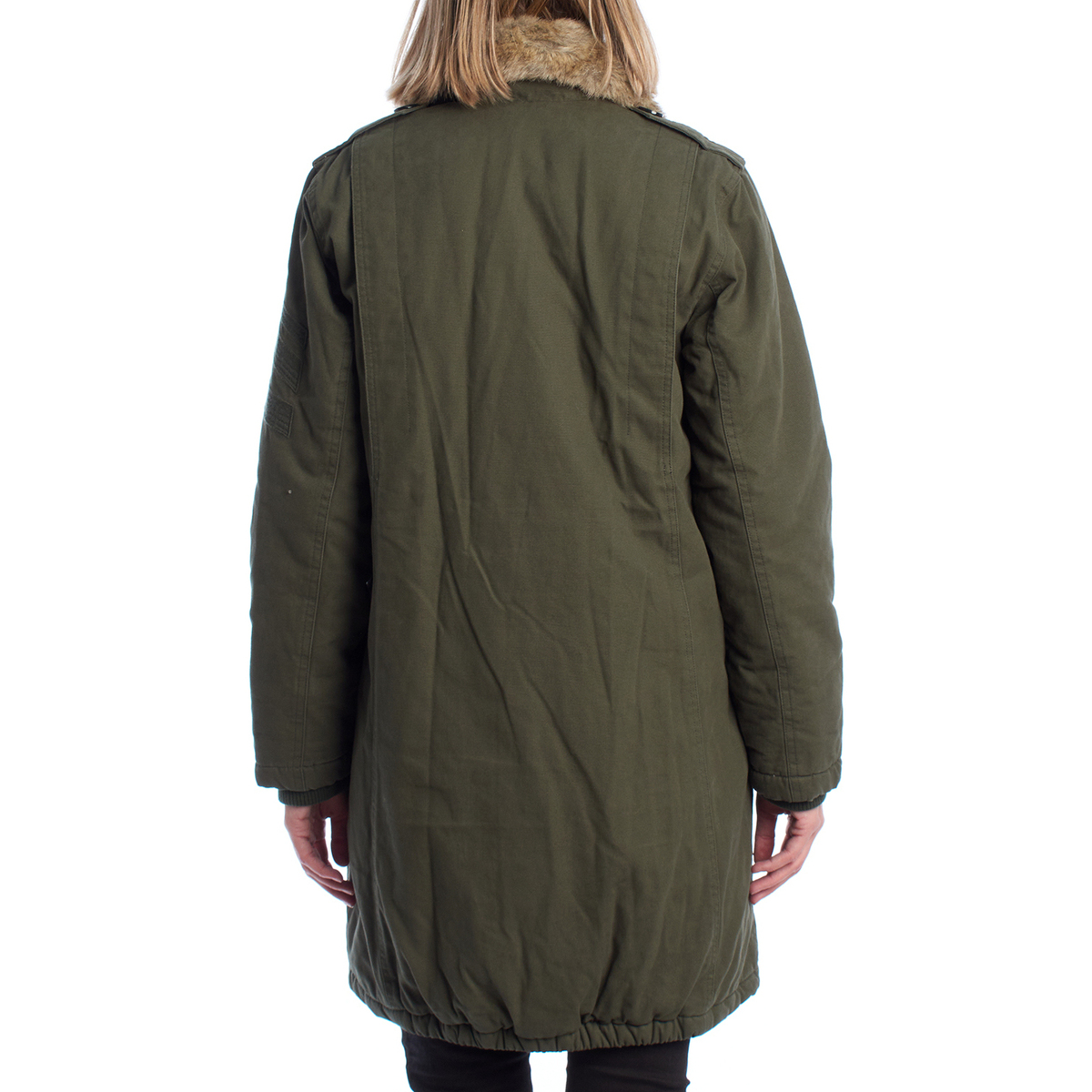 Casaco comprido verde-oliva com gola de pelo visto de costas