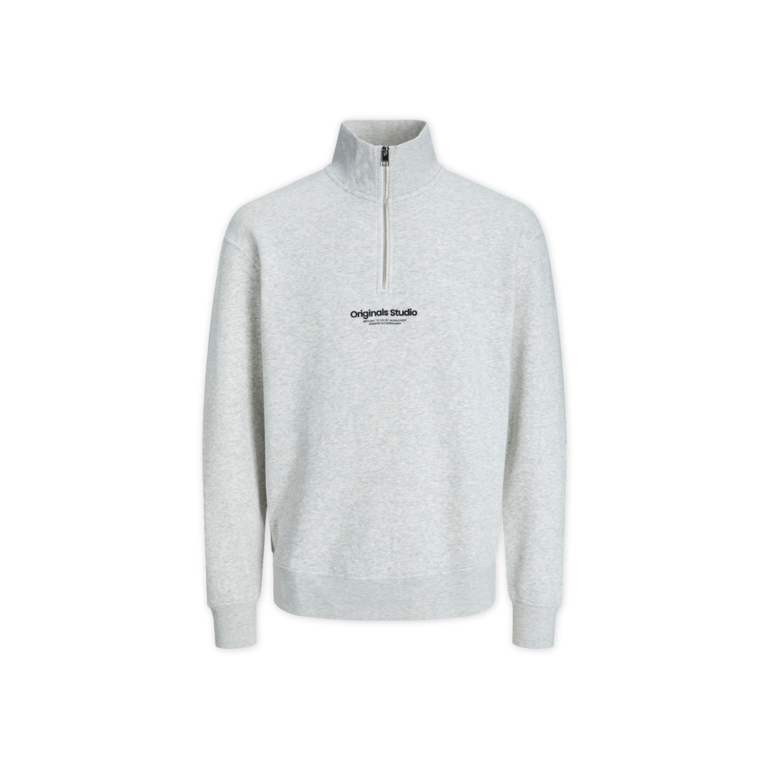 Sweatshirt cinzenta clara com fecho de correr e texto original.studio