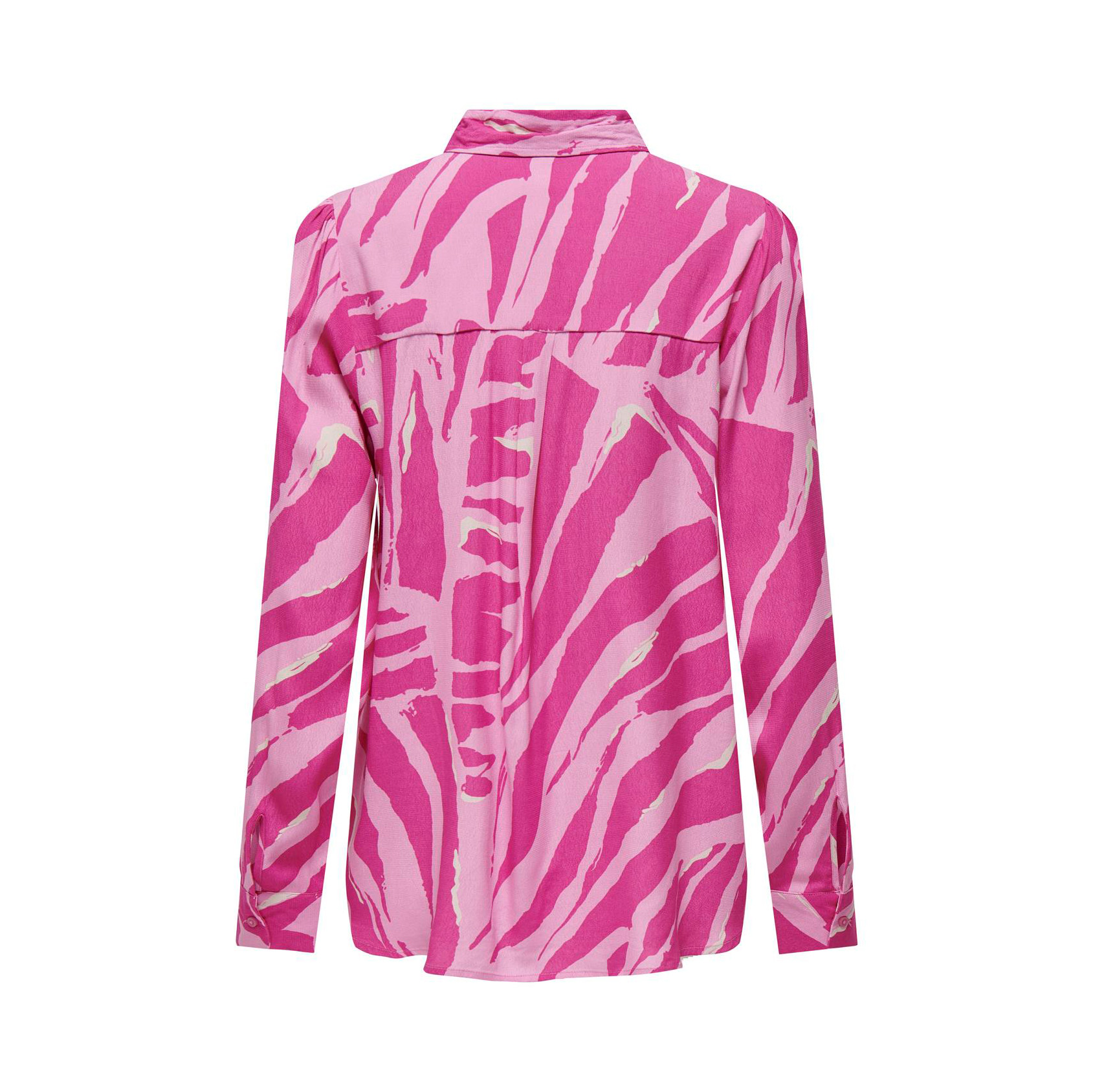 Camisa feminina rosa com padrão branco, manga comprida, vista de costas.