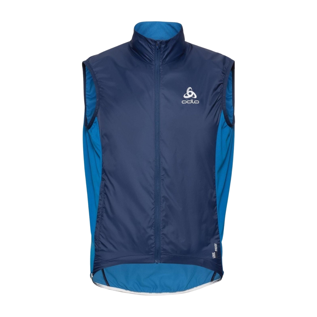 Colete desportivo azul escuro e azul claro com logotipo ODLO