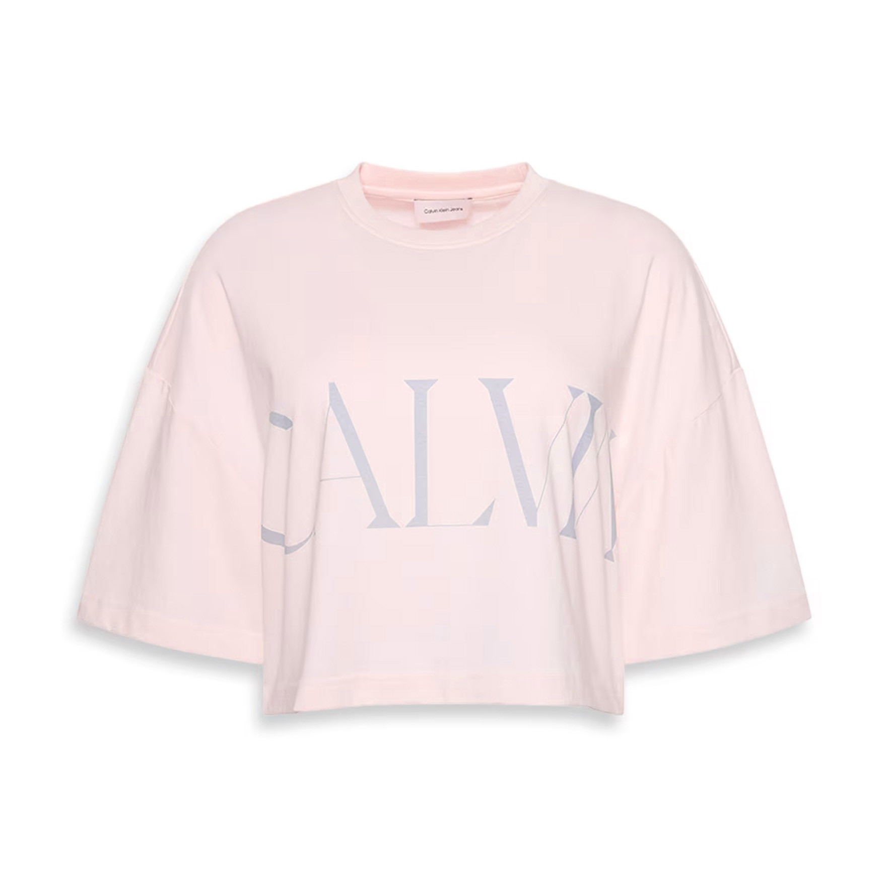 T-shirt rosa claro crop com estampado cinzento