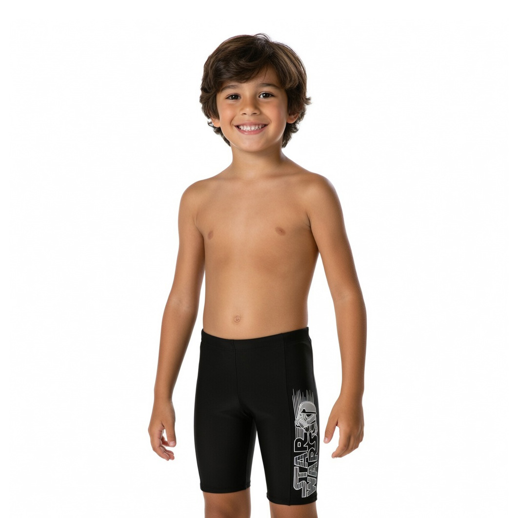 Criança com calções de banho pretos STAR WARS com estampa branca